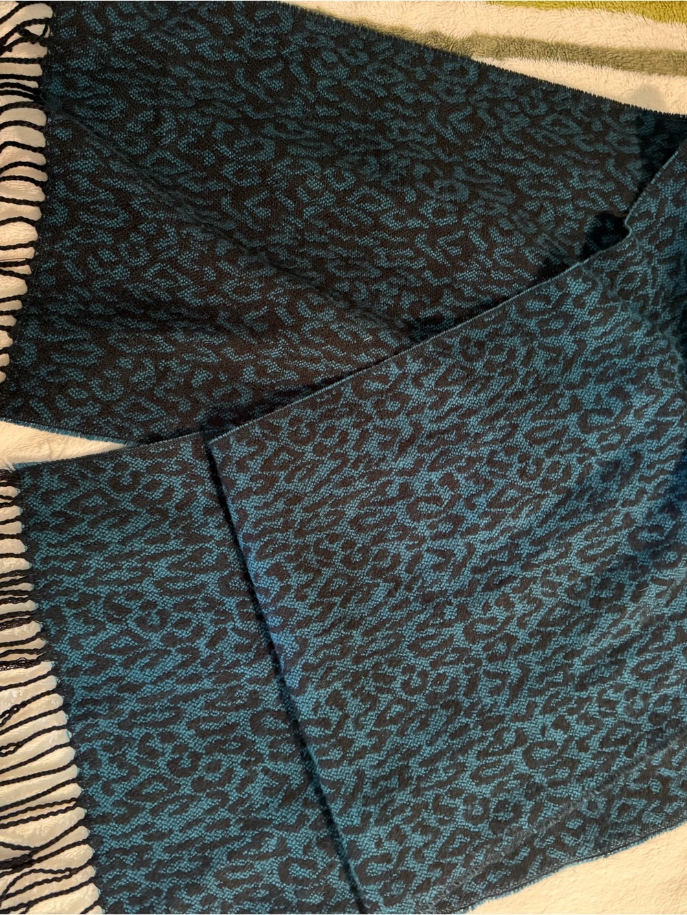 ✨ 2/$25 or 3/$30 SALE - 
Black and Teal Animal Print Fringe Scarf